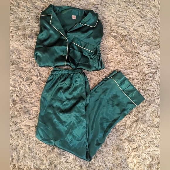 Emerald Green Button Top Satin Pajama Set with White Piping - Picture 2 of 4